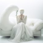 Surreal image of woman with white wings embraced by dove