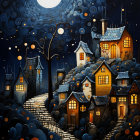 Whimsical night scene with large moon and lanterns