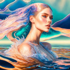 Mystical woman with flowing hair merging with tranquil water in vibrant digital art