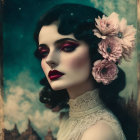 Vintage-Style Portrait of Woman with Pale Skin, Dark Hair, Pink Flowers, Red Lipstick,