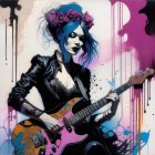 Stylized person with blue hair plays pink guitar against abstract backdrop