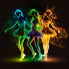 Three women in neon outfits and high heels under vibrant backlights