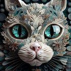 Artistic cat face with metallic floral patterns and jewel eyes