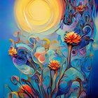 Colorful swirl-patterned sun and stylized flowers on blue background.