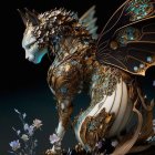 Fantasy Cat Creature with Golden Embellishments and Iridescent Wings