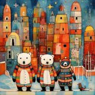 Whimsical painting of three bears in ornate attire against vibrant cityscape