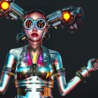 Futuristic female character in reflective clothing with high-tech glasses surrounded by mechanical devices and glowing elements