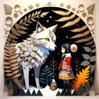 Paper art scene: White wolf and person in stylized winter setting