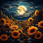 Colorful full moon painting with mountains, river, poppies, and starlit sky