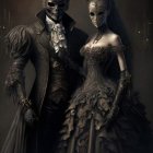 Gothic fantasy couple in dark attire with wolf mask and horned headdress