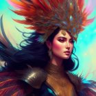 Woman in Vibrant Feather Headdress and Shoulder Armor