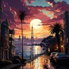 Vibrant dusk street scene with silhouettes, tram, street lamps, sky reflections, vintage