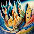 Colorful Stylized Landscape of Whimsical Forest and Fantastical Buildings