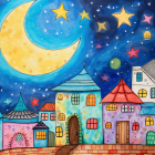 Colorful Houses Under Starry Sky with Owl and Butterflies