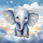 Baby elephant with starry skin and butterflies in cloudy sky