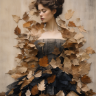 Elaborate black and brown dress with leaf patterns, autumn leaves, and butterfly