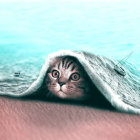 Giant cat's head in surreal ocean wave with seagulls on beach