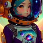 Female astronaut with teal hair in futuristic spacesuit on colorful cosmic background