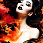 Digital Artwork: Pale-skinned Woman with Dark Hair and Red Eyeshadow in Fiery Floral