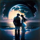 Couple on Beach at Twilight with Surreal Moon and Crashing Waves