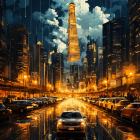 Surreal cityscape art: vibrant night scene with tower, orbs, boat