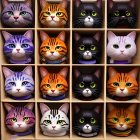 Grid of 16 Colorful Cat Faces with Expressive Eyes on Dark Backgrounds