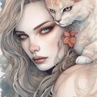 Surreal portrait of woman with blue eyes, cats, and floral elements