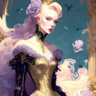 Regal woman with pale skin in gold and purple gown and butterflies