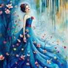 Ethereal woman in blue dress among whimsical forest and falling leaves