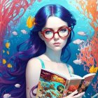 Vibrant Blue-Haired Girl Reading Book Underwater