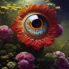 Colorful digital artwork of ornate eye with flowers and foliage on cosmic backdrop