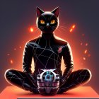 3D rendering of black anthropomorphic cat with smaller cat in futuristic design under starry night sky