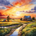 Colorful sunset painting of rural landscape with cottages, fields, river.