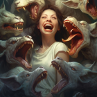 Woman with fantasy white dragons on dark warm backdrop.