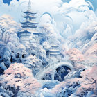 Snowy landscape with fairytale castles and frosted trees illustration