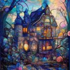 Vibrant stained-glass style illustration of whimsical house and trees at twilight