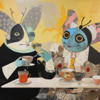 Whimsical anthropomorphic rabbit and cats in 18th-century attire at a table