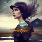 Surreal portrait of woman blending into dreamy landscape