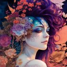 Illustrated portrait of mythical woman with purple hair, autumn leaves, butterfly, and ethereal motifs