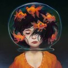 Surreal portrait of woman with goldfish in transparent helmet