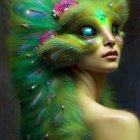 Vibrant peacock feather woman portrait with whimsical headdress