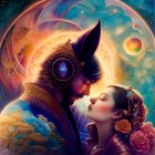 Fantasy illustration: Female elf and male character with wolf mask in mystical starlit scene.