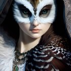 Digital artwork: Person with owl features, hood, jewelry, owl on shoulder