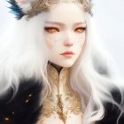 Fantastical female character with white hair, feline features, golden headgear, blue eyes,