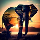 Translucent Elephant with Savanna Sunset Backdrop and Desert Wildlife