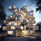 Modern multi-story cubic architecture against twilight sky