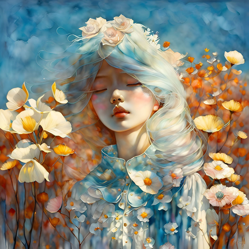 Pale-skinned woman with light blue hair and white flowers in dreamy landscape.