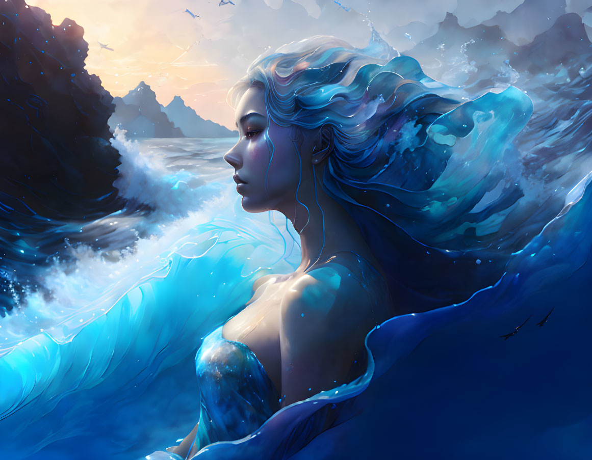 Female Figure Blending with Ocean Waves at Sunset