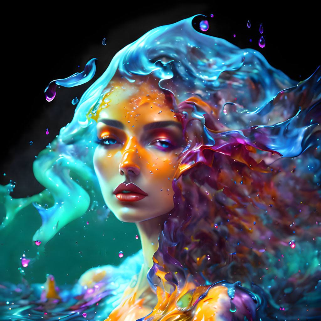 Colorful Digital Art: Woman's Hair and Skin Flow Like Liquid