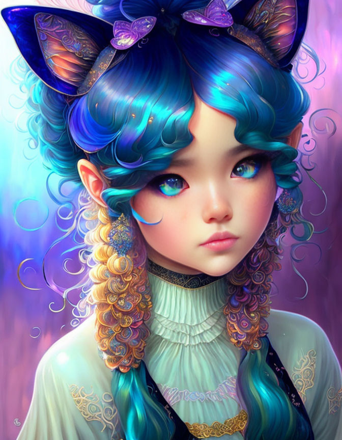 Vibrant digital art: young girl with blue hair and cat ears, intricate patterns